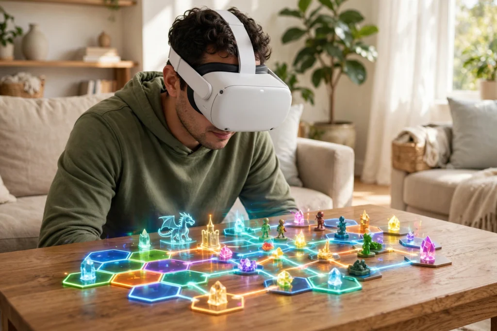 Person wearing a VR headset in a living room, seeing a virtual game board overlaid on the real coffee table through passthrough