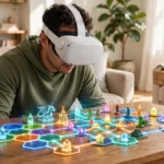 Person wearing a VR headset in a living room, seeing a virtual game board overlaid on the real coffee table through passthrough