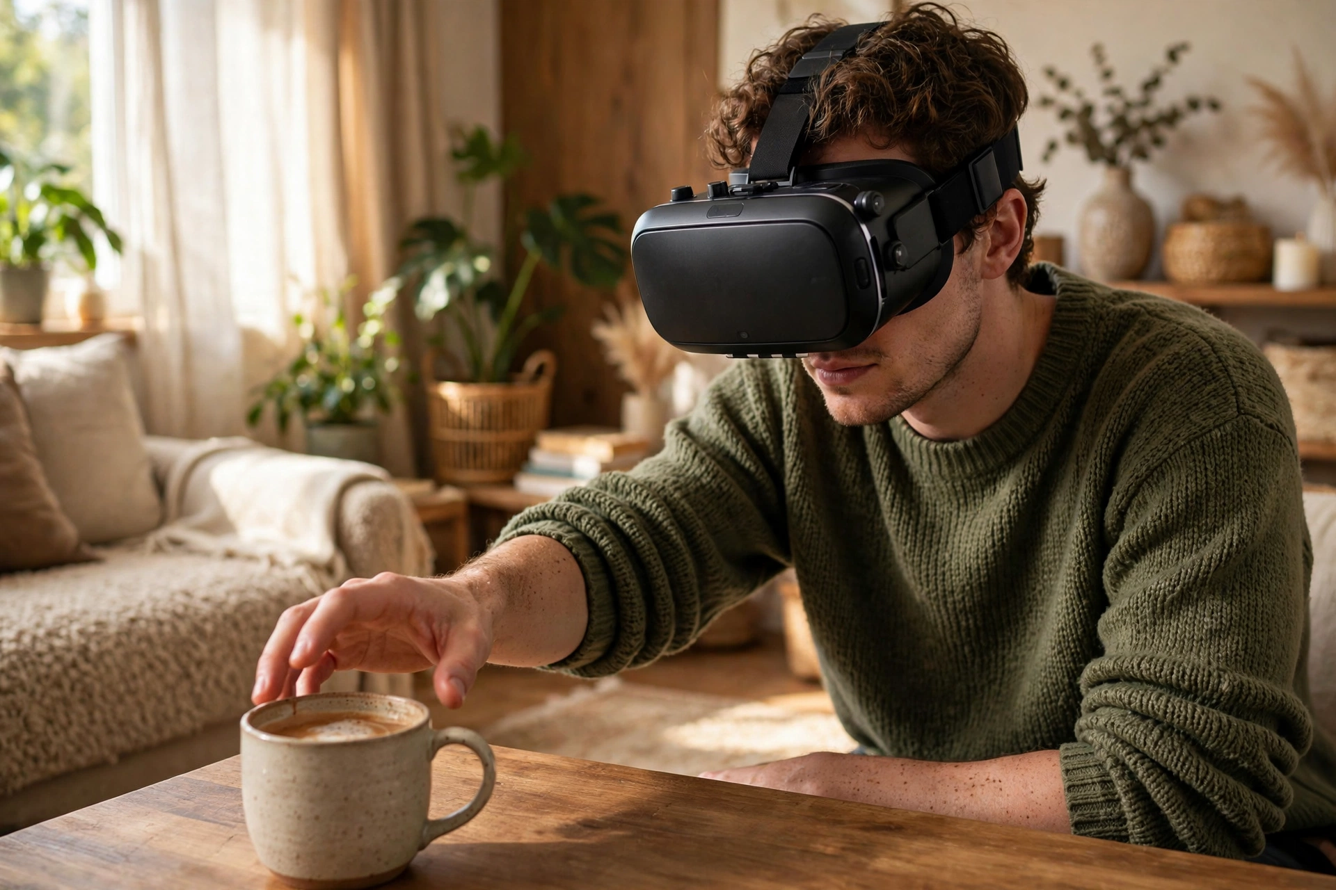 Person reaching for a real coffee mug while wearing a VR headset in passthrough mode