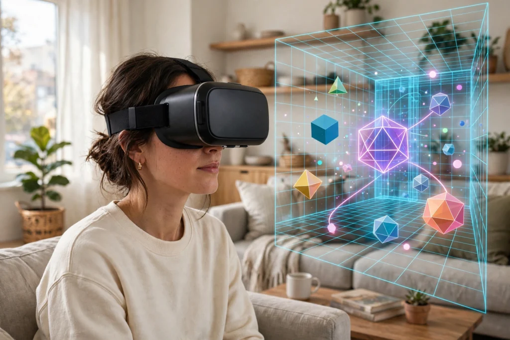 Woman wearing a black VR headset looking at a colourful wireframe 3D room with floating geometric shapes