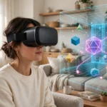 Woman wearing a black VR headset looking at a colourful wireframe 3D room with floating geometric shapes
