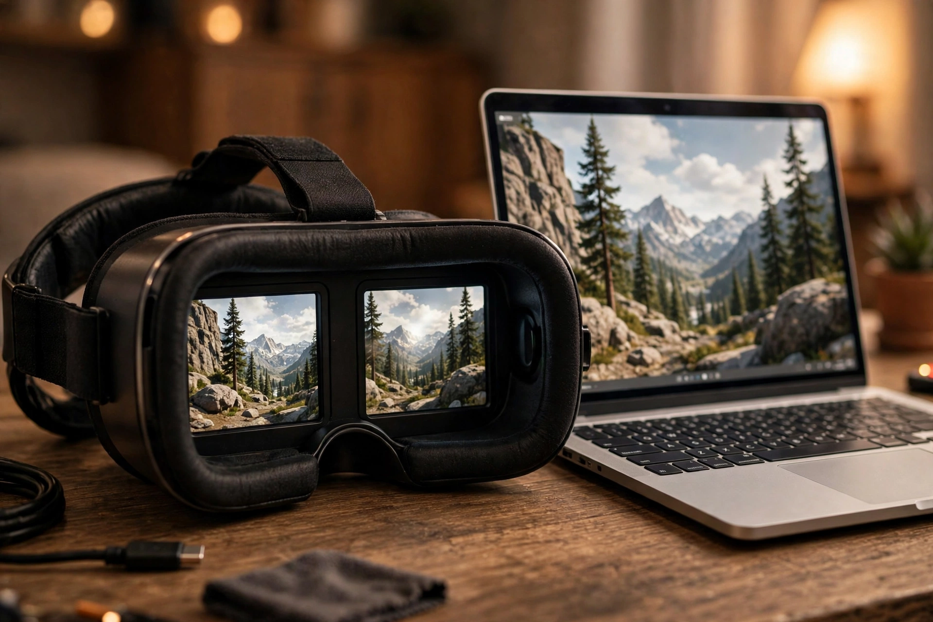 VR headset showing two slightly different mountain views for the left and right eyes beside a laptop