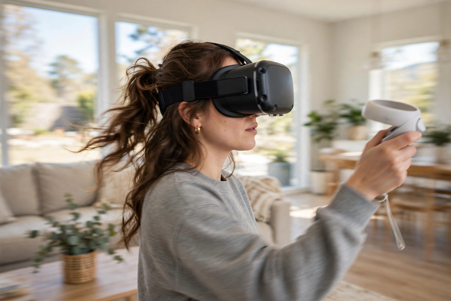 Woman in a black VR headset turning her head while holding a white controller in a bright living room