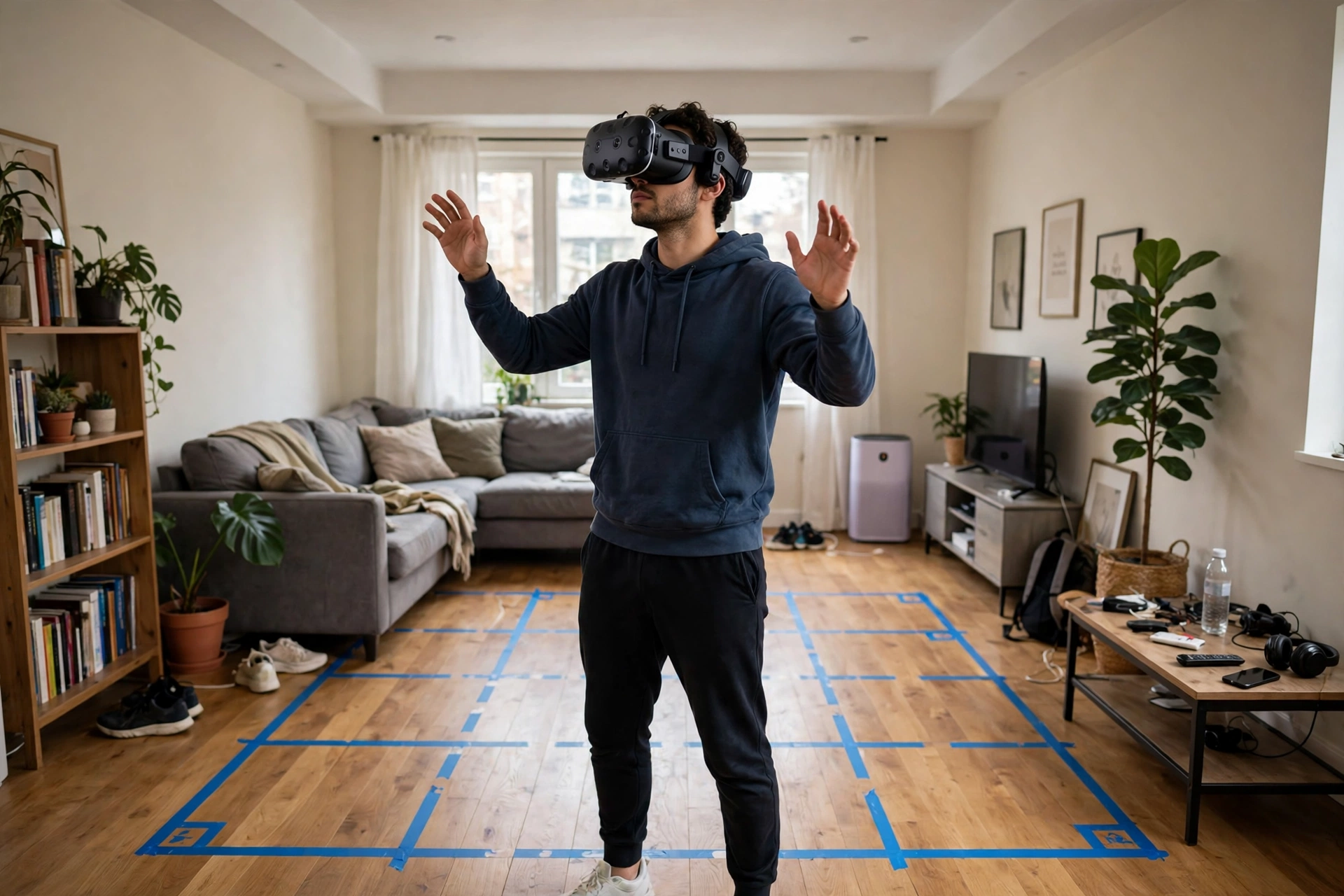 Person wearing a VR headset standing inside a blue taped boundary marked on a living-room floor