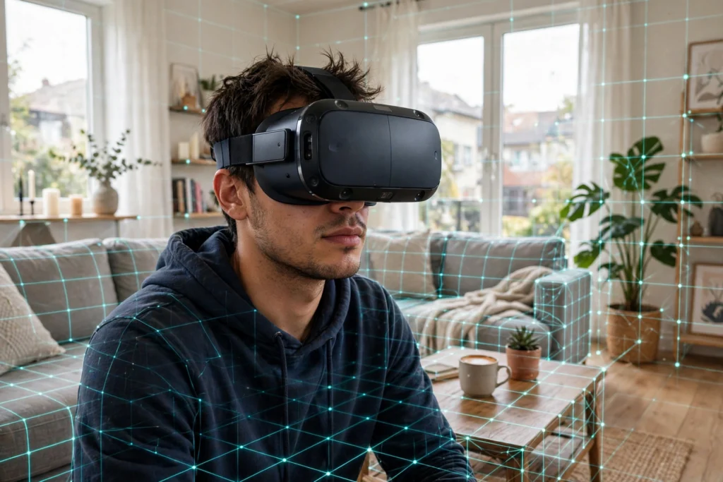 Person wearing a VR headset in a living room with a glowing digital grid mapping the furniture and floor