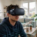 Person wearing a VR headset in a living room with a glowing digital grid mapping the furniture and floor