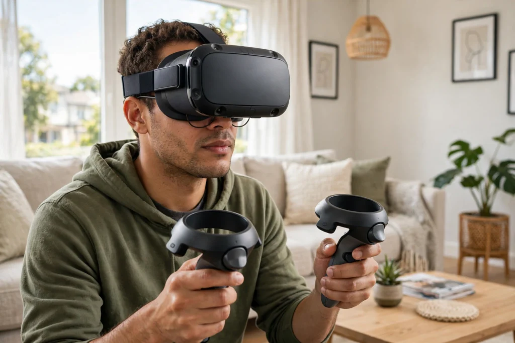 Man wearing a black standalone VR headset and holding two controllers in a bright living room