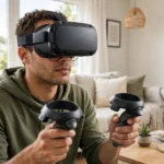 Man wearing a black standalone VR headset and holding two controllers in a bright living room