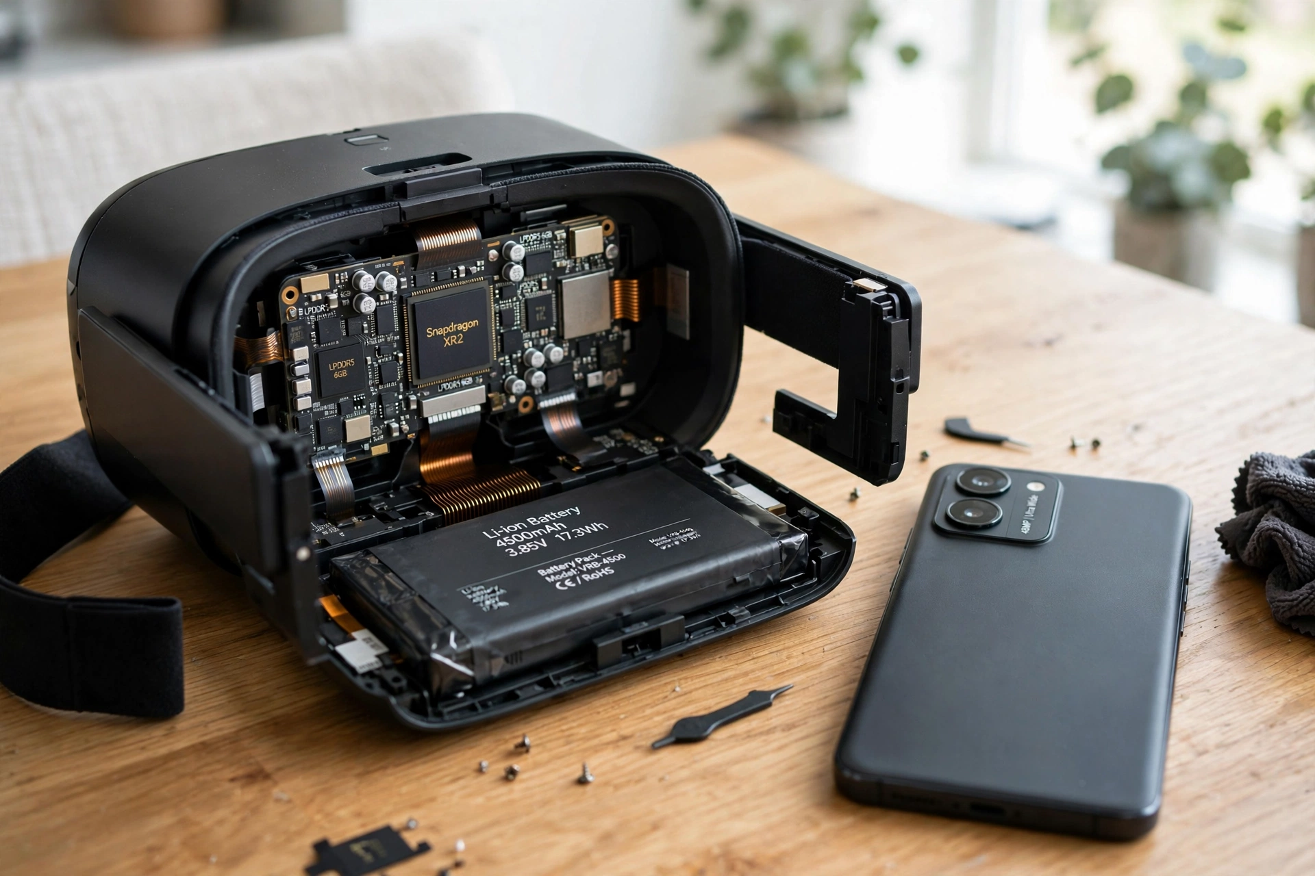 Opened standalone VR headset showing its internal processor and battery on a wooden table beside a smartphone