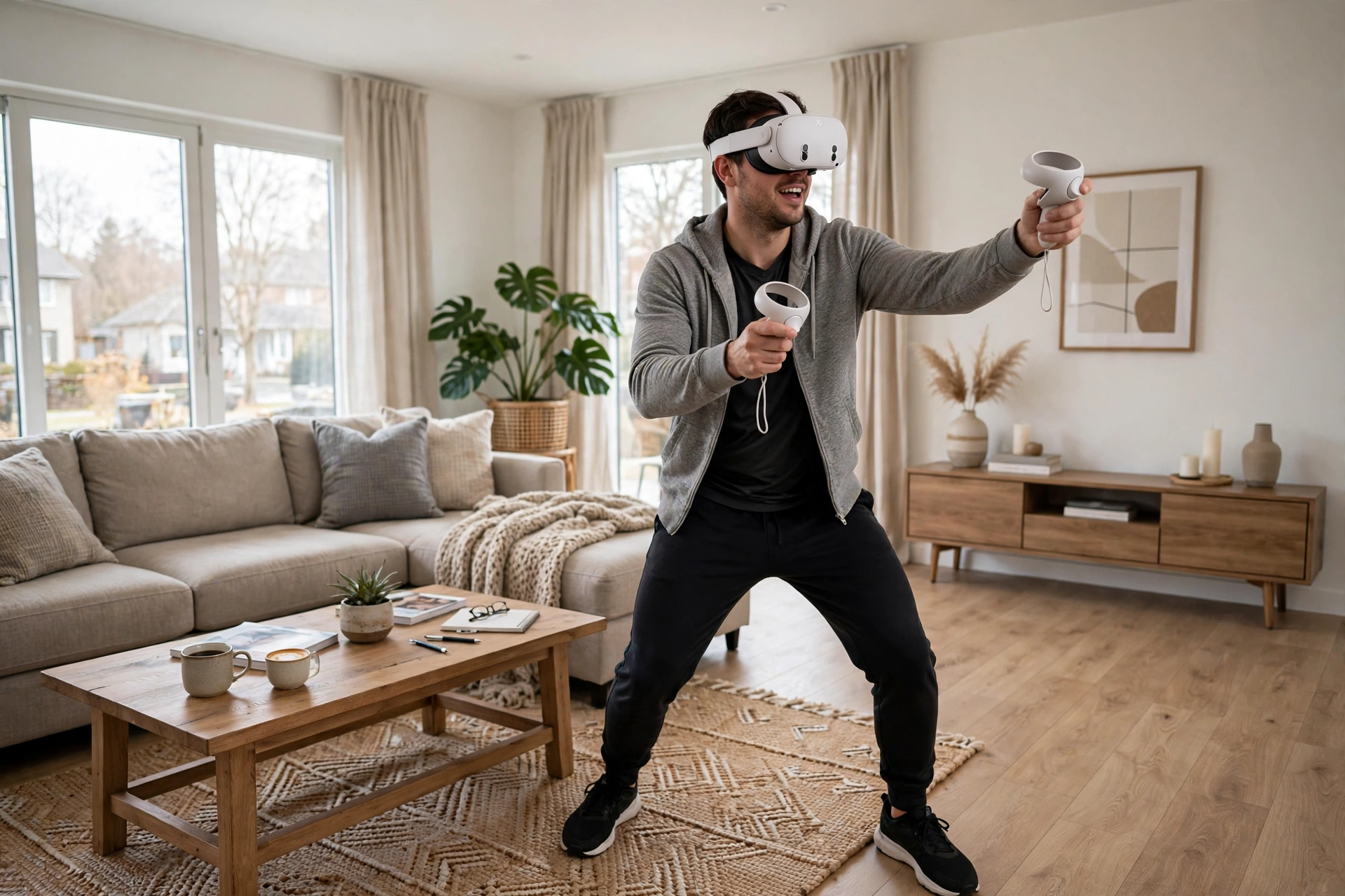 Man playing a VR game wirelessly in a spacious living room while wearing a white standalone headset