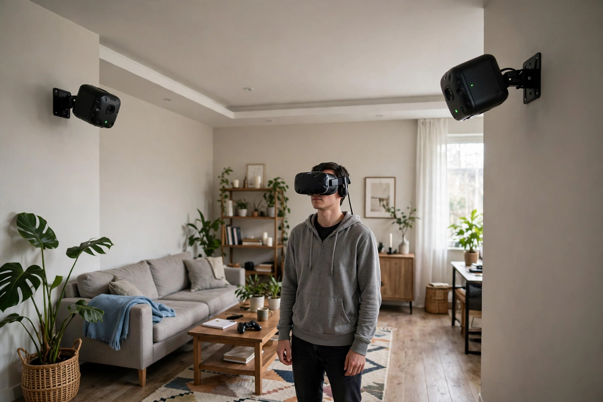 Two small base stations mounted high on living-room walls, facing a person wearing a VR headset