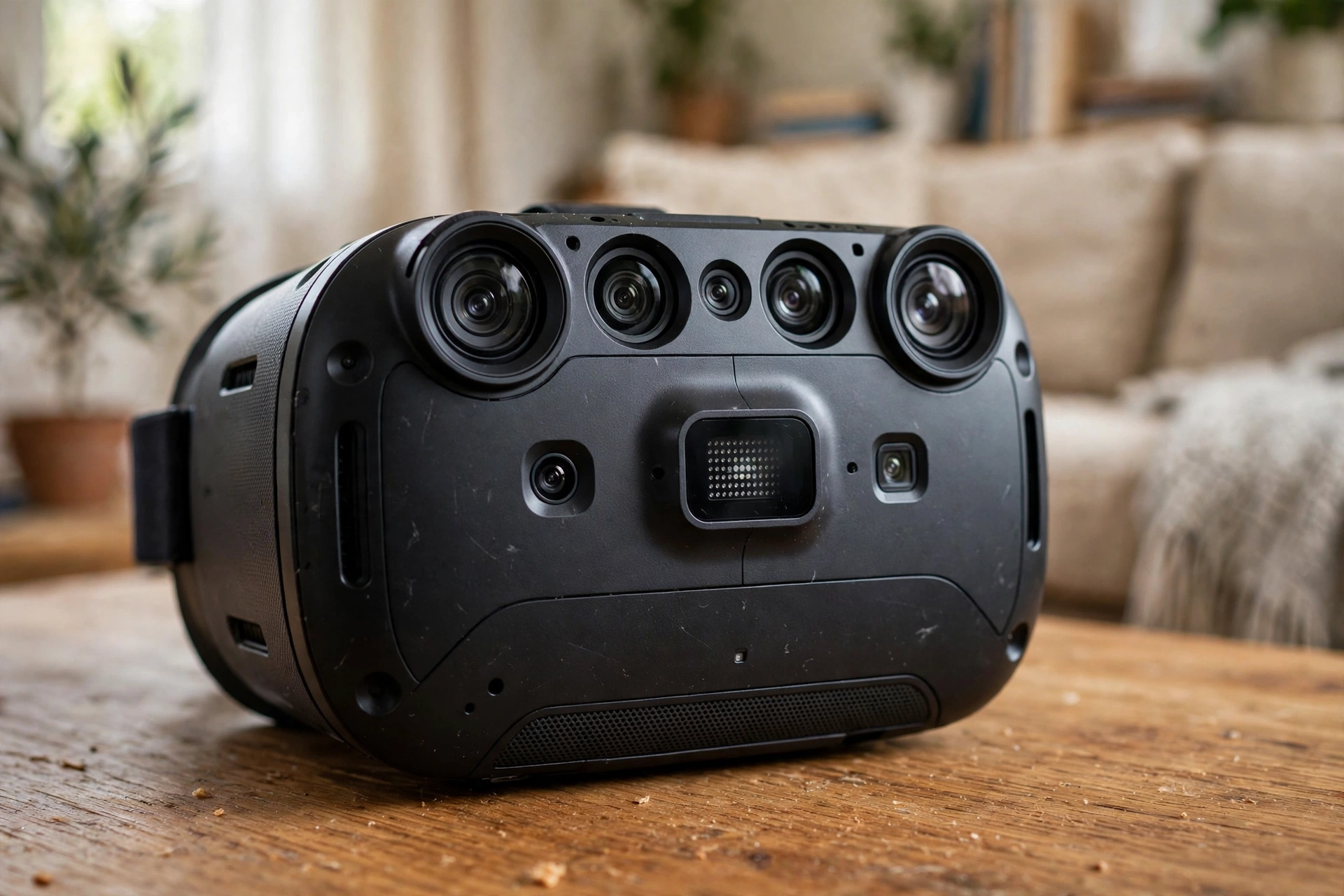 Close-up of a VR headset front panel showing its outward-facing tracking cameras and sensors
