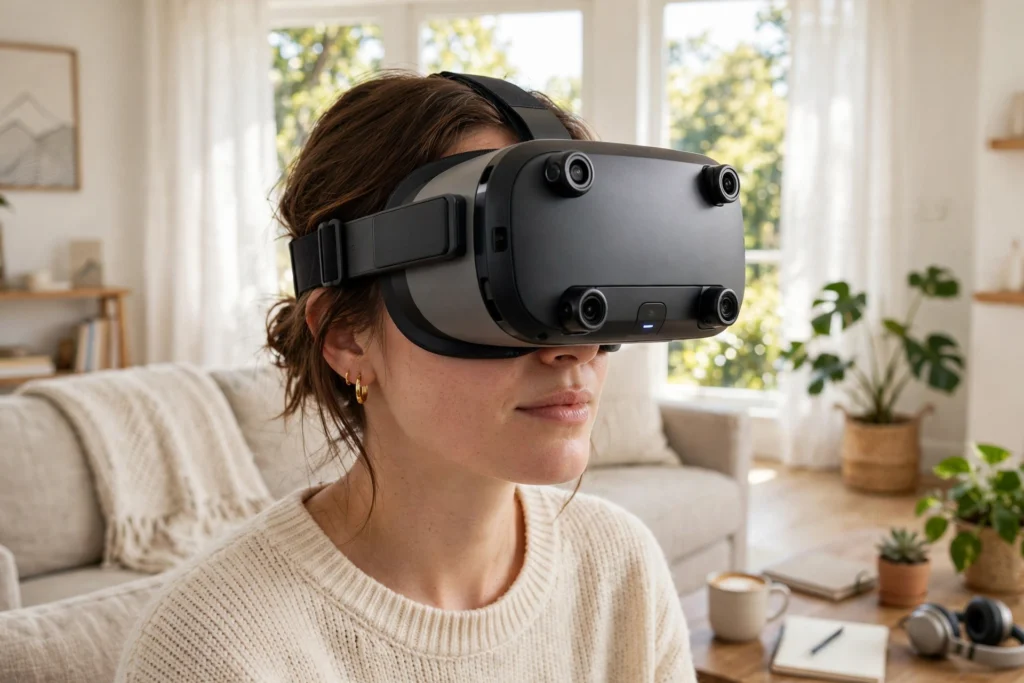 Person wearing a VR headset in a living room, with small tracking cameras visible on the front of the headset