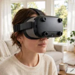 Person wearing a VR headset in a living room, with small tracking cameras visible on the front of the headset