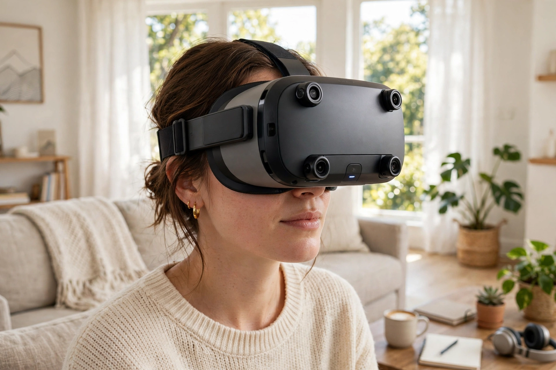 Person wearing a VR headset in a living room, with small tracking cameras visible on the front of the headset