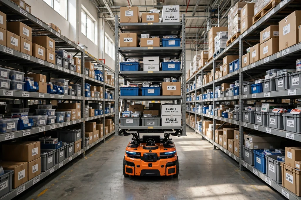 Orange mobile warehouse robot carrying a tall shelf of labelled boxes between warehouse racks