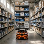 Orange mobile warehouse robot carrying a tall shelf of labelled boxes between warehouse racks