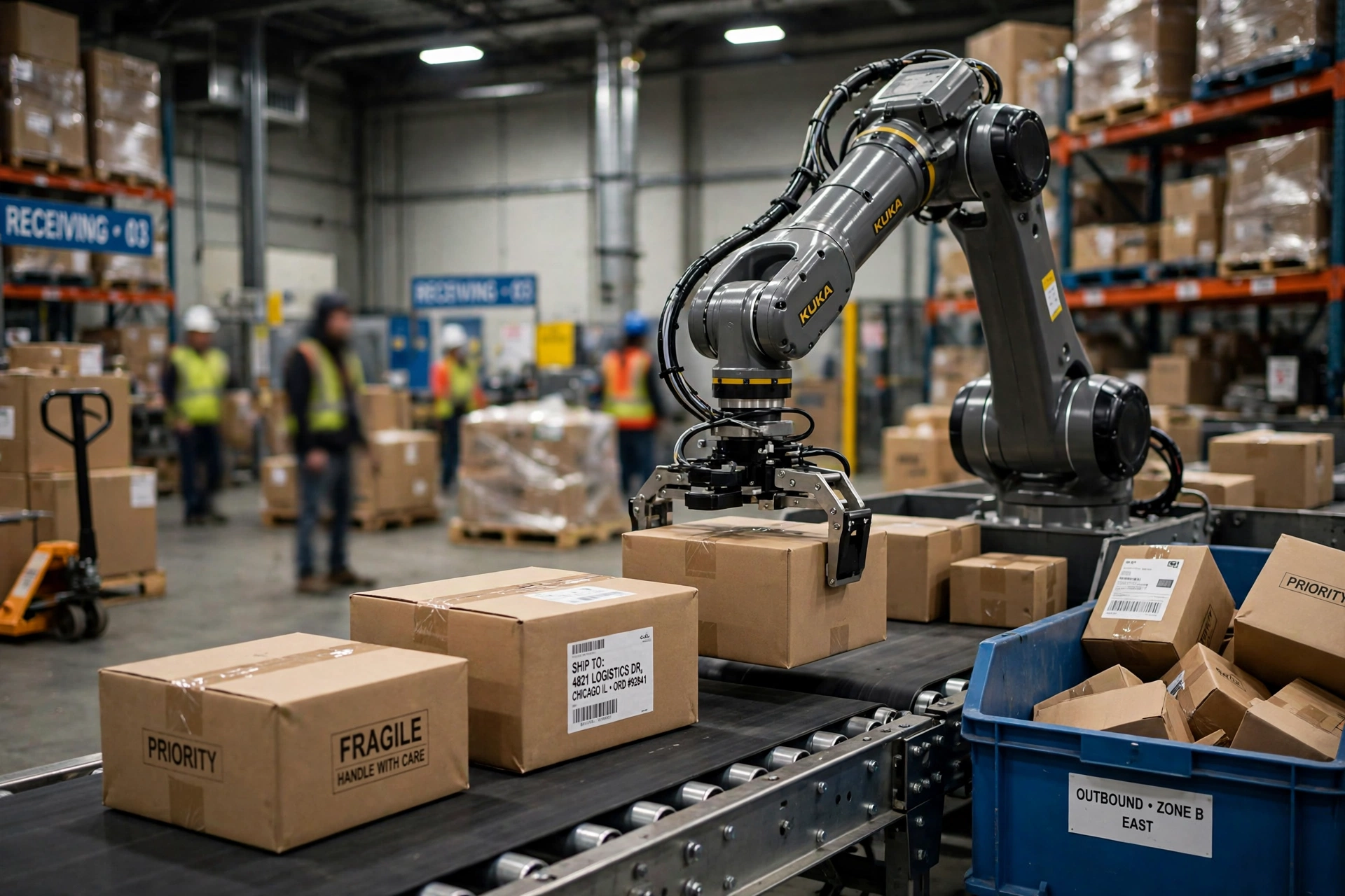 Industrial robot arm sorting cardboard parcels on a conveyor belt in a warehouse