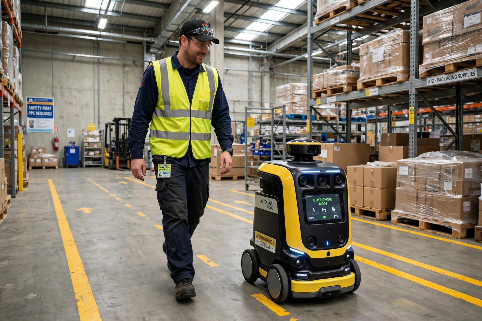 Warehouse worker in a high-visibility vest walking beside a small yellow autonomous robot in a marked lane