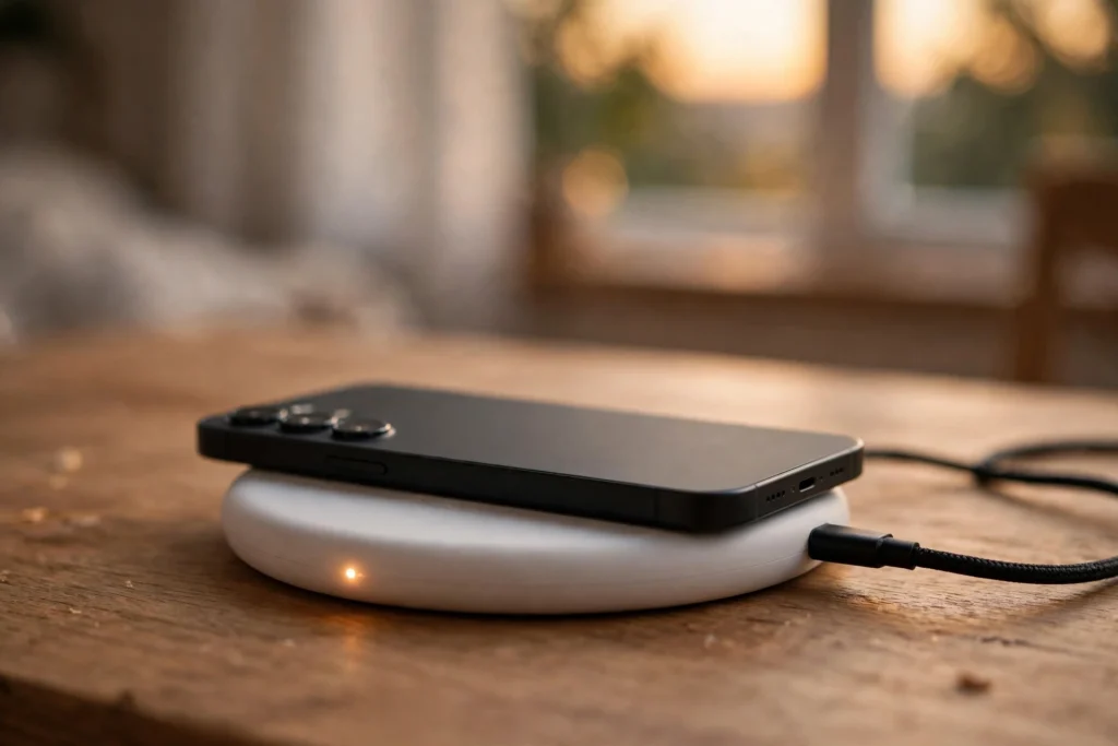 Black smartphone resting on a white round wireless charging pad with a glowing indicator light on a wooden desk