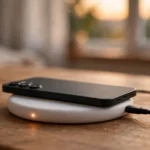 Black smartphone resting on a white round wireless charging pad with a glowing indicator light on a wooden desk