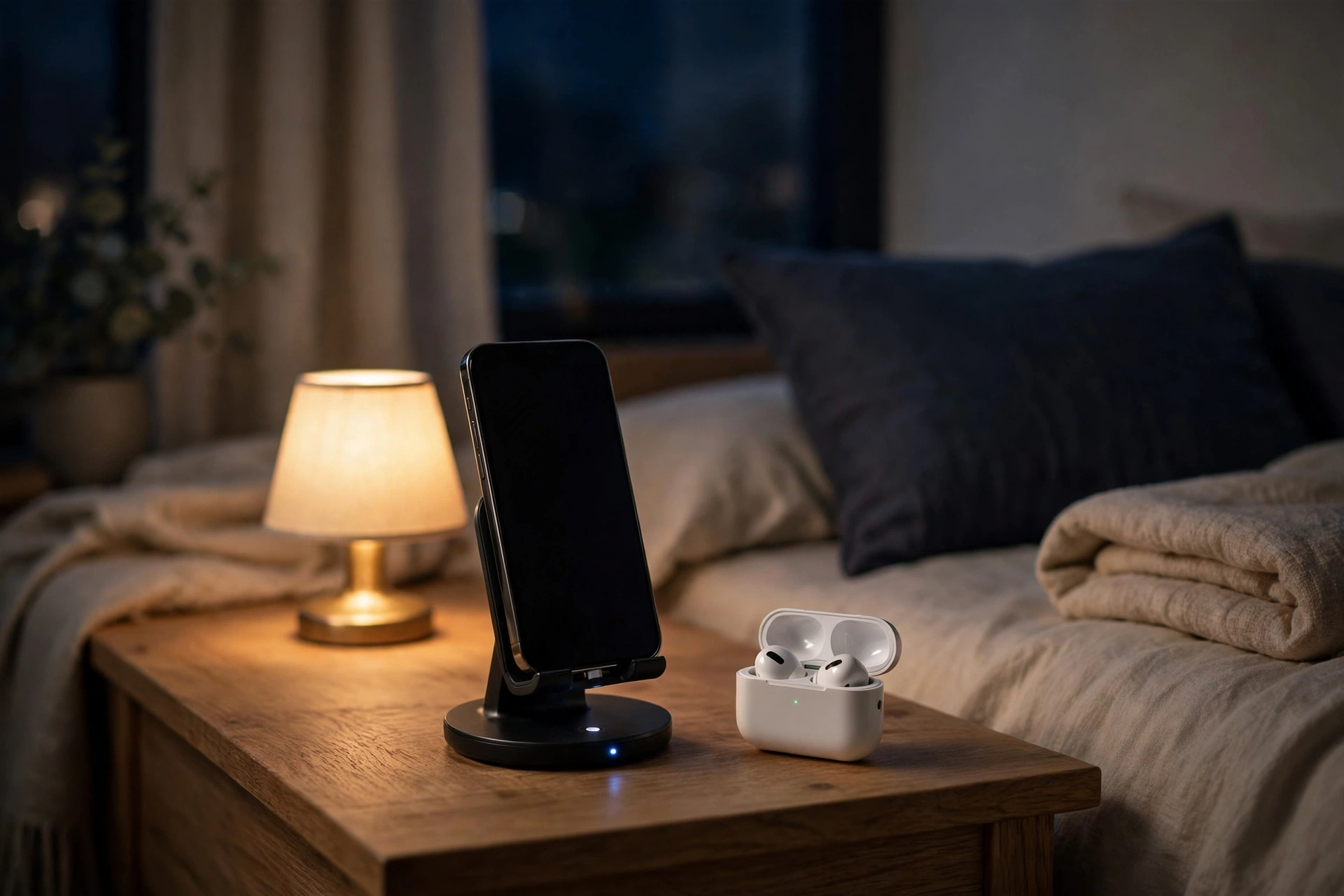 Smartphone on a wireless charging stand beside an open wireless earbuds case on a bedside table at night