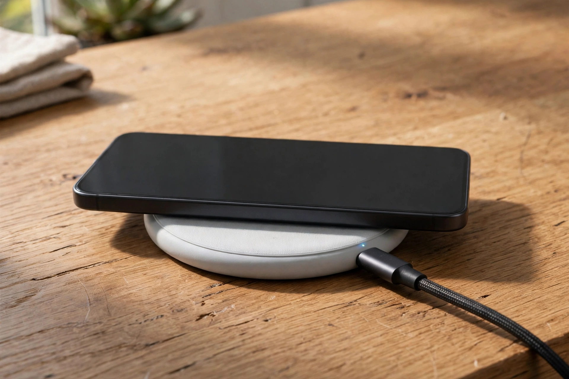 Smartphone lying flat on a white wireless charging pad connected by a cable on a wooden table