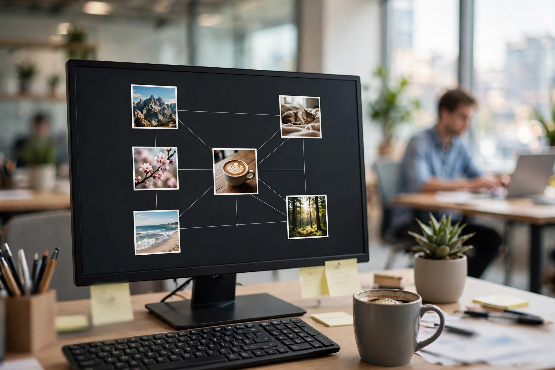 Computer monitor showing connected photo thumbnails on a dark screen, with a person working blurred in the background