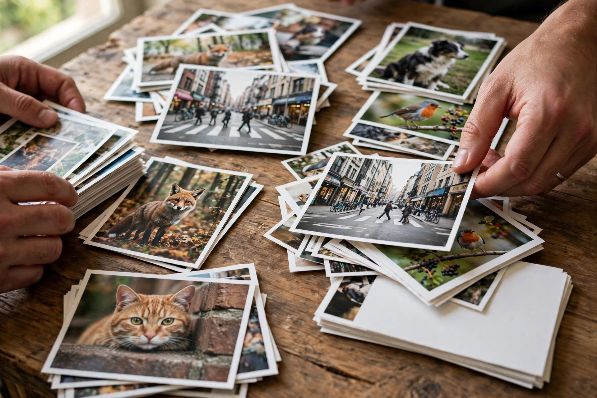 Hands sorting printed photographs into piles on a wooden table, showing unlabeled photos grouped by what they look like